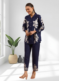 Joban Fashion Navy Blue Cotton, Linen Embroidered Readymade Cord Set