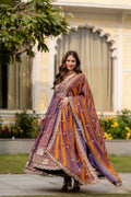 Teeya Creation Wine Primium Fendy Satin Silk Embroidery Work Wedding Wear Gown