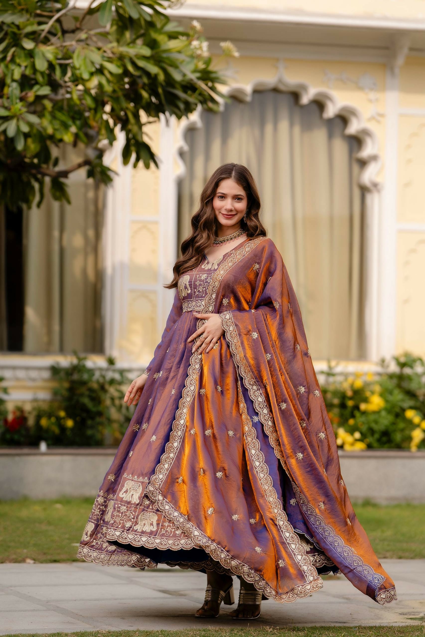 Teeya Creation Wine Primium Fendy Satin Silk Embroidery Work Wedding Wear Gown
