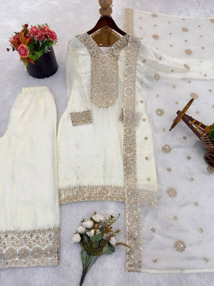 Teeya Creation White Color Fendy Silk Embroidery Work Wedding Wear Salwar Suit