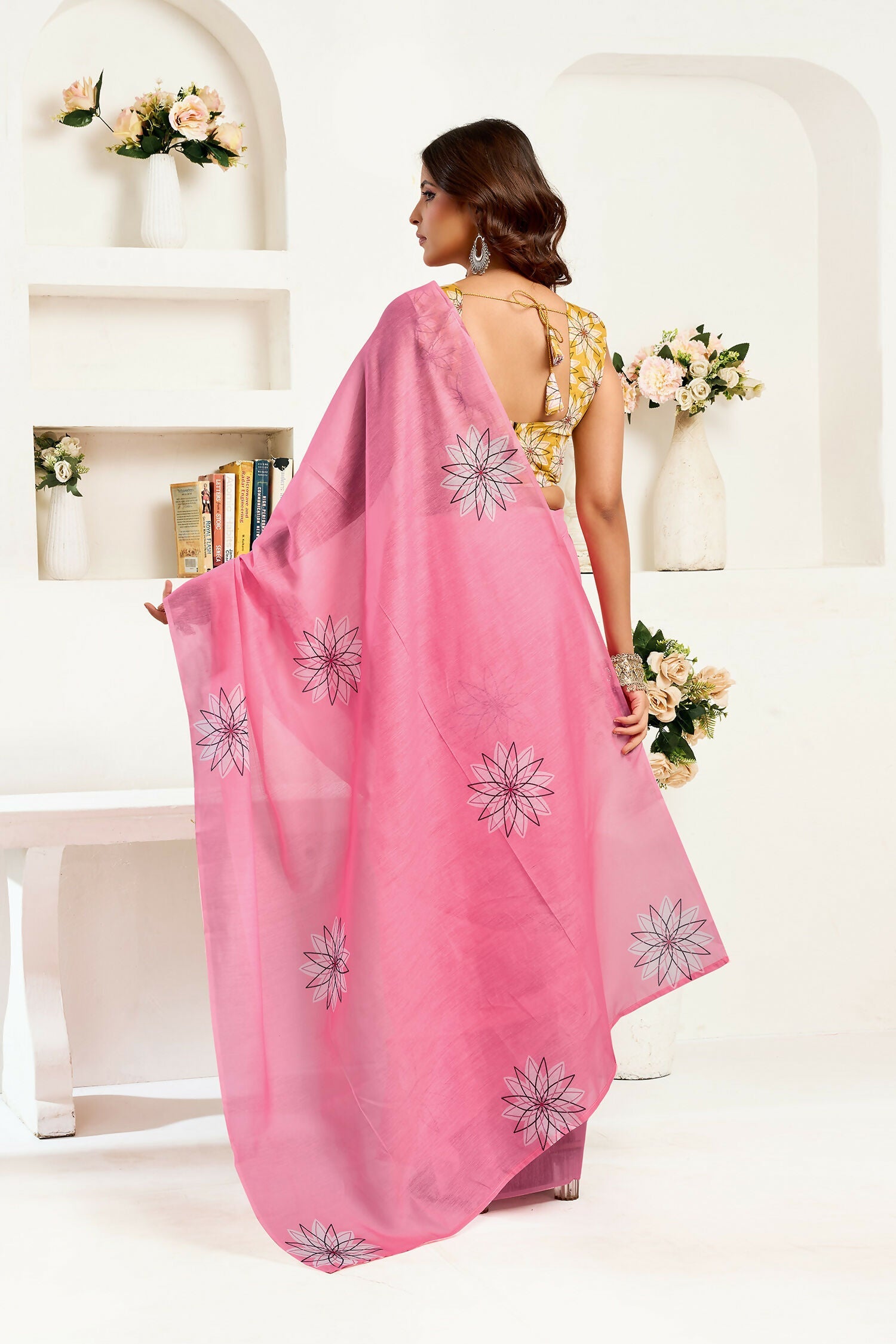 Joban Fashion Baby Pink Geomatric Linen Ready To Wear Saree With Unstitched Blouse