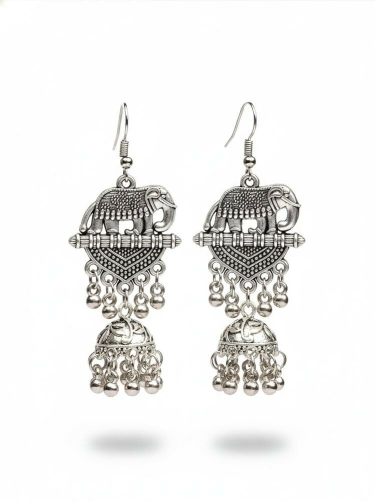 NVR Women Elephant Design German Silver Oxidised Jhumka Earrings