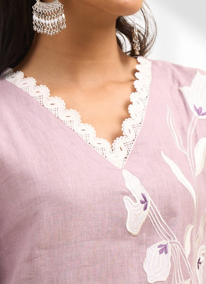 Joban Fashion Pink Linen Embroidered Readymade Long Kurta With Pant