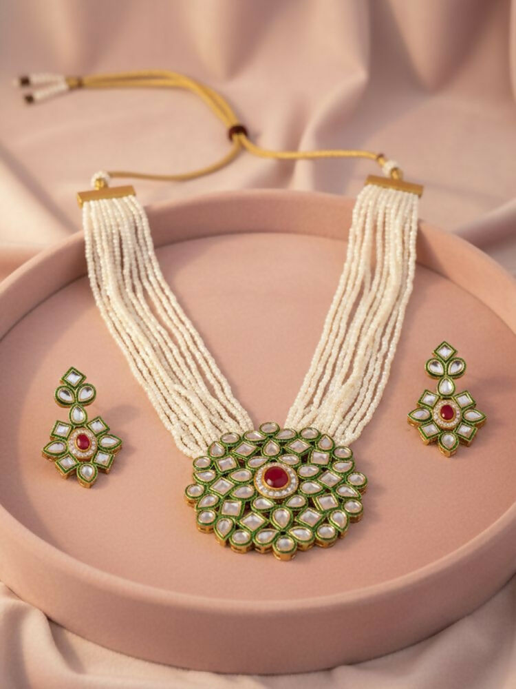 NVR Women Gold Plated White Kundan Jewellery Set