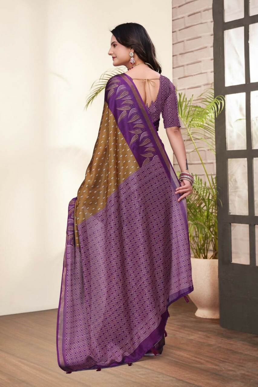 Prime Volt Mal Cotton Mustard Purple Ethnic Printed Saree with Designer Blouse Piece