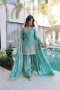Teeya Creation Womens New Sky Color Fendi Crush With Zari & Sequins Embroidered Work