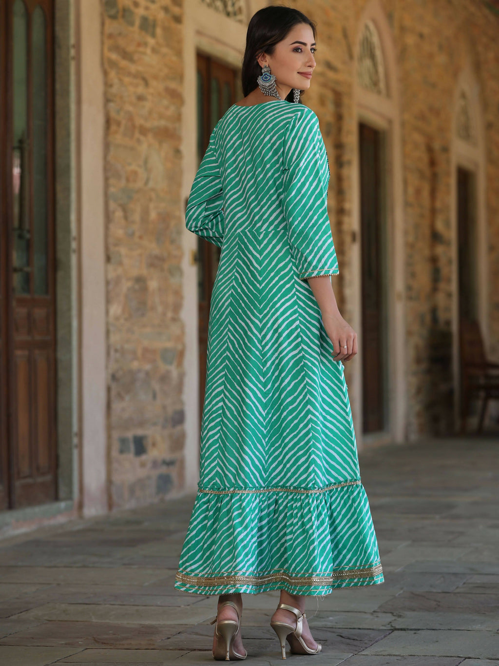 Juniper Women's Green Printed Embroidered Mirror Work Sequin Cotton Flared Dress