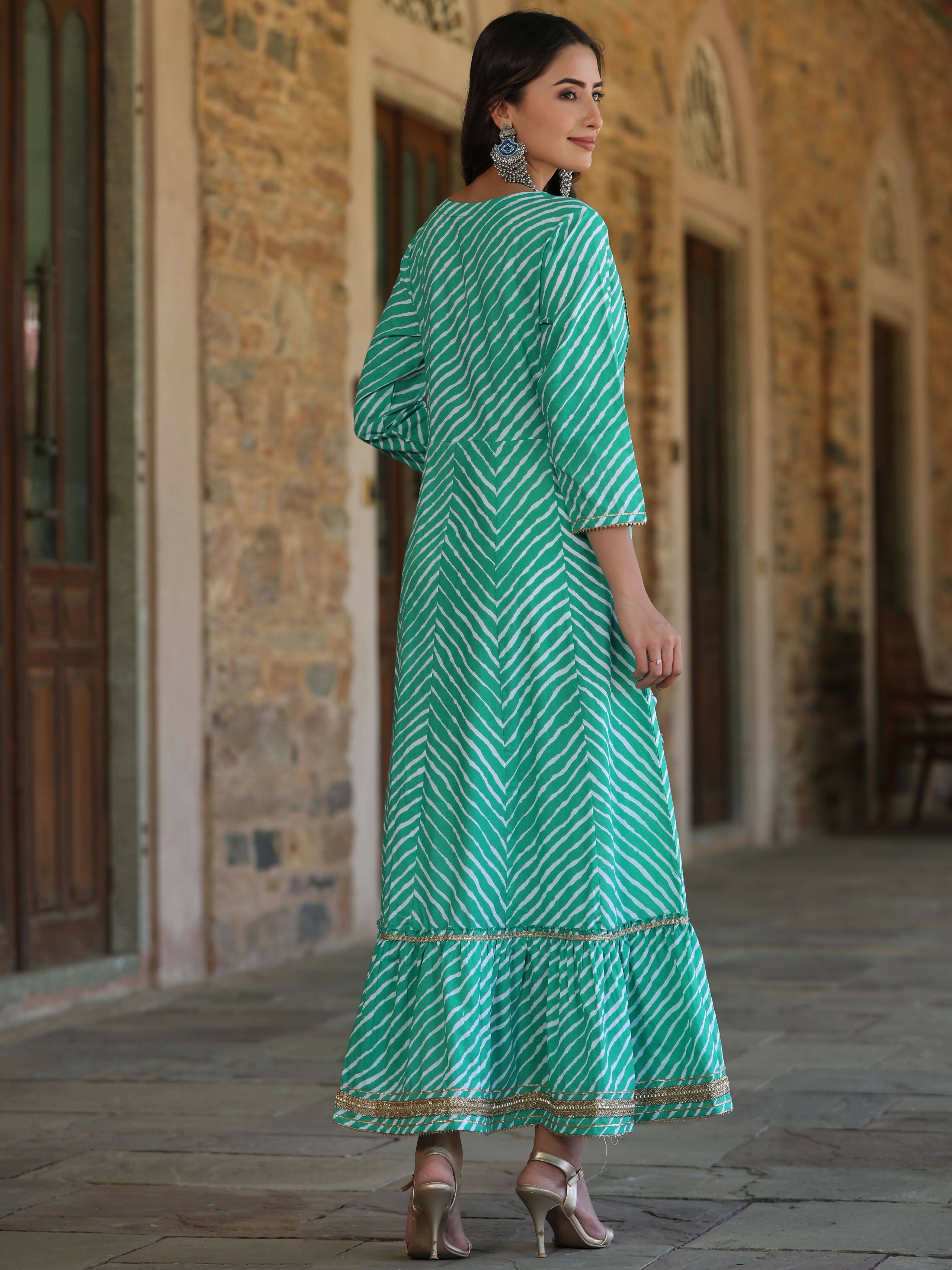 Juniper Women's Green Printed Embroidered Mirror Work Sequin Cotton Flared Dress